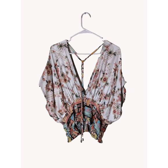 ee some Top Large Floral Elastic Waist Deep V Tie Neck - Picture 2 of 13